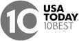 The image shows a logo with "10" inside a circle and the text "USA TODAY 10BEST" to the right of it, all in grayscale.