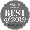 A gray circular badge reads "Seattle Magazine BEST of 2019 Readers' Choice Winner" in white text.