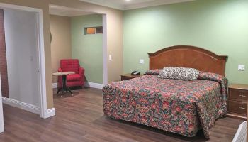 The image shows a hotel room with a large bed, floral bedspread, bedside tables, a green accent wall, wood flooring, and a red armchair.