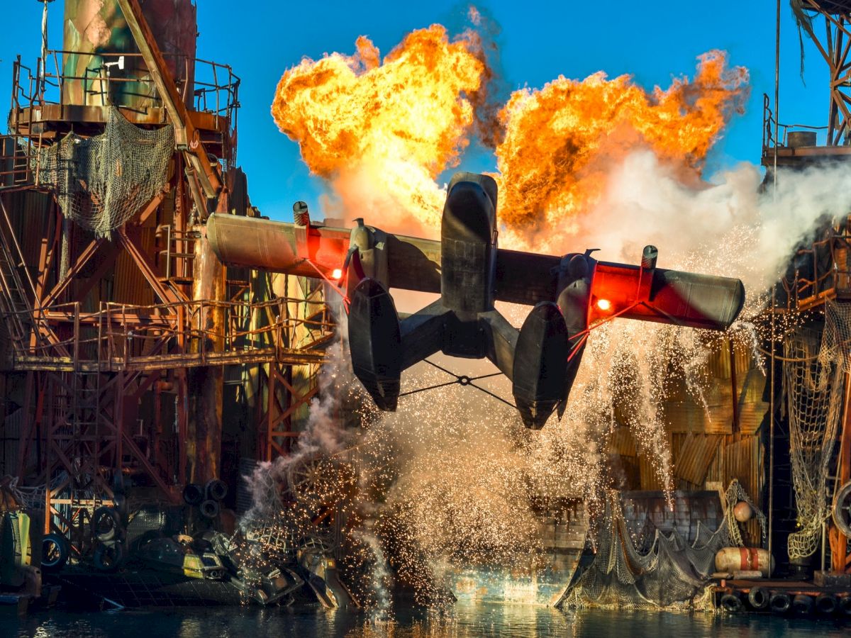 A scene with an aircraft flying low over water amidst a fiery explosion, surrounded by industrial structures, creating a dramatic action moment.