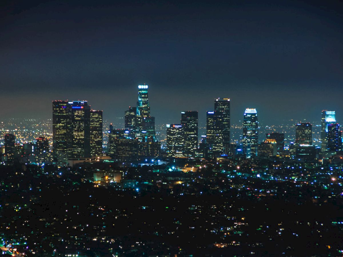 A night view of a city skyline with numerous illuminated buildings and a vast array of city lights in the foreground.